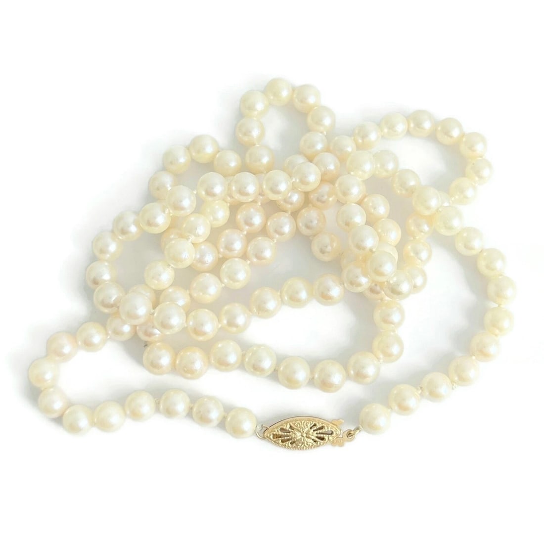 LONG JAPANESE CULTURED PEARL NECKLACE 14K YELLOW GOLD: Long Japanese Cultured Pearl Necklace 14K Yellow Gold Brand: Unbranded Type: Necklace Material: 14K Yellow Gold, Color: Ivory Size: Length: 30 Inches Width: 6.4 mm Accessories: None Access