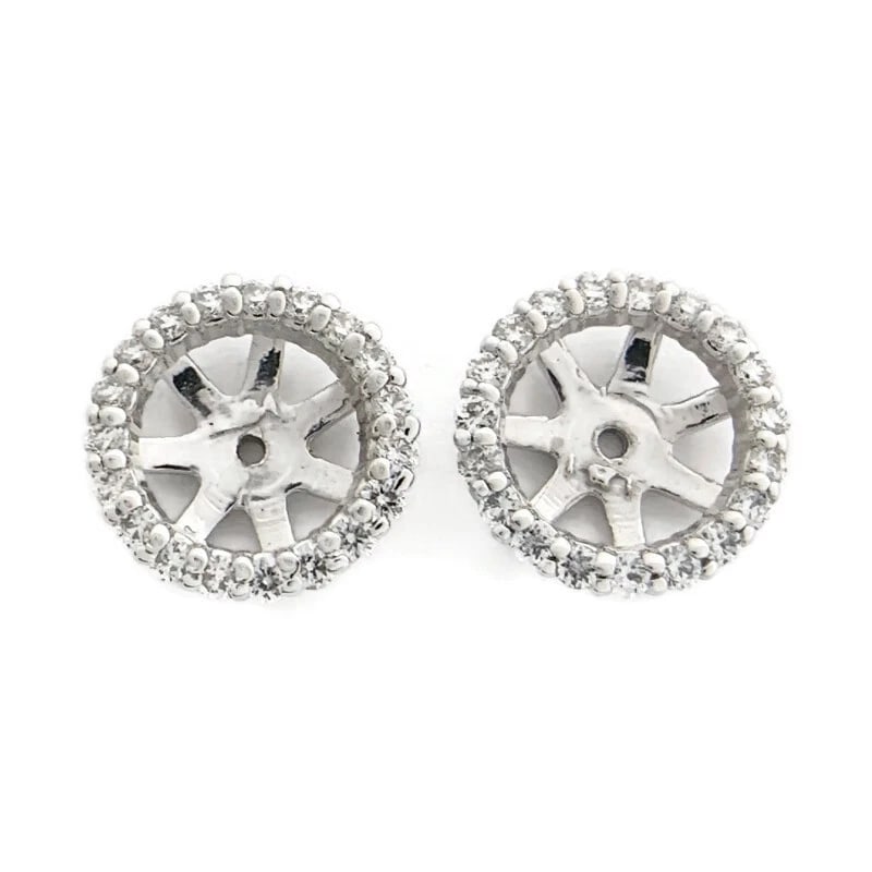 ROUND DIAMOND HALO EARRING JACKETS ENHANCERS 14K WHITE GOLD: Round Diamond Halo Earring Jackets Enhancers 14K White Gold Brand: Unbranded Type: Earrings Material: 14K white gold, Main Stone/Creation Natural Color: Silver Size: Diameter: 10.2 mm 