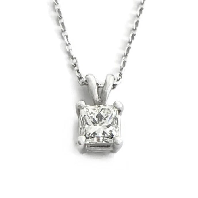 PRINCESS SOLITAIRE DIAMOND PENDANT NECKLACE 14K WHITE GOLD: Princess Solitaire Diamond Pendant Necklace 14K White Gold Brand: Unbranded Type: Necklace Material: 14K white gold, Main Stone/Creation Natural Color: Silver Size: Length: 16 inches Pendant: 9.5