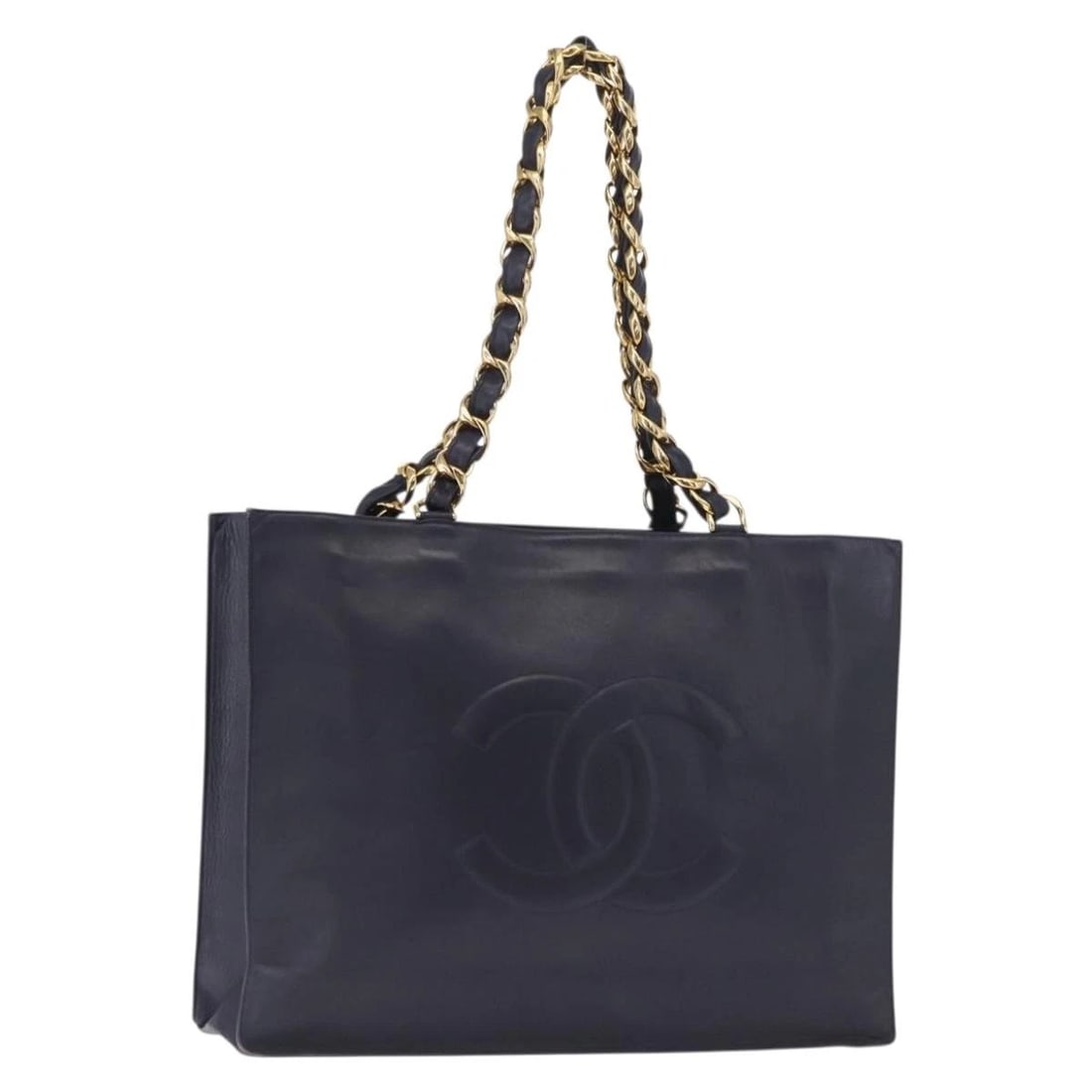 CHANEL CHAIN TOTE BAG LEATHER NAVY GOLD: CHANEL Chain Tote Bag Leather Navy Gold Brand: CHANEL Type: Tote Bag Material: Leather Color: Navy/Gold Size: W15.7 x H12.2 x D2.8inch(Approx) Handle Drop:11.8inch(Approx) Accessories: None