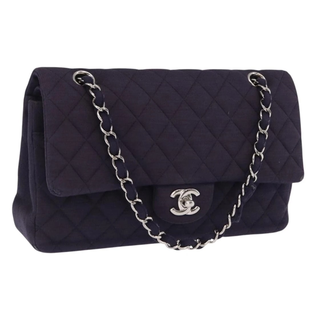 CHANEL DOUBLE FLAP MATELASSE CHAIN BAG COTTON: CHANEL Double Flap Matelasse Chain Bag Cotton Brand: CHANEL Type: Shoulder Bag Material: Cotton Color: Purple/Silver Size: W9.8 x H4.7 x D2.4inch(Approx) Shoulder Drop:9.8 - 17.3inch(Approx) Acce