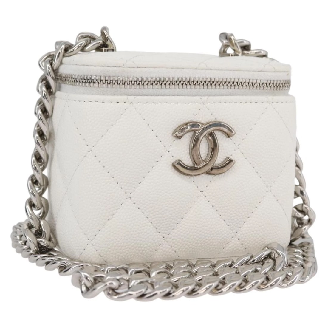 CHANEL MATELASSE VANITY CHAIN BAG GRAINED CALF: CHANEL Matelasse Vanity Chain Bag Grained Calf Brand: CHANEL Type: Shoulder Bag Material: Caviar Skin Color: White/Silver Size: W3.9 x H3.5 x D2.8inch(Approx) Shoulder Drop:22.4inch(Approx) Acces