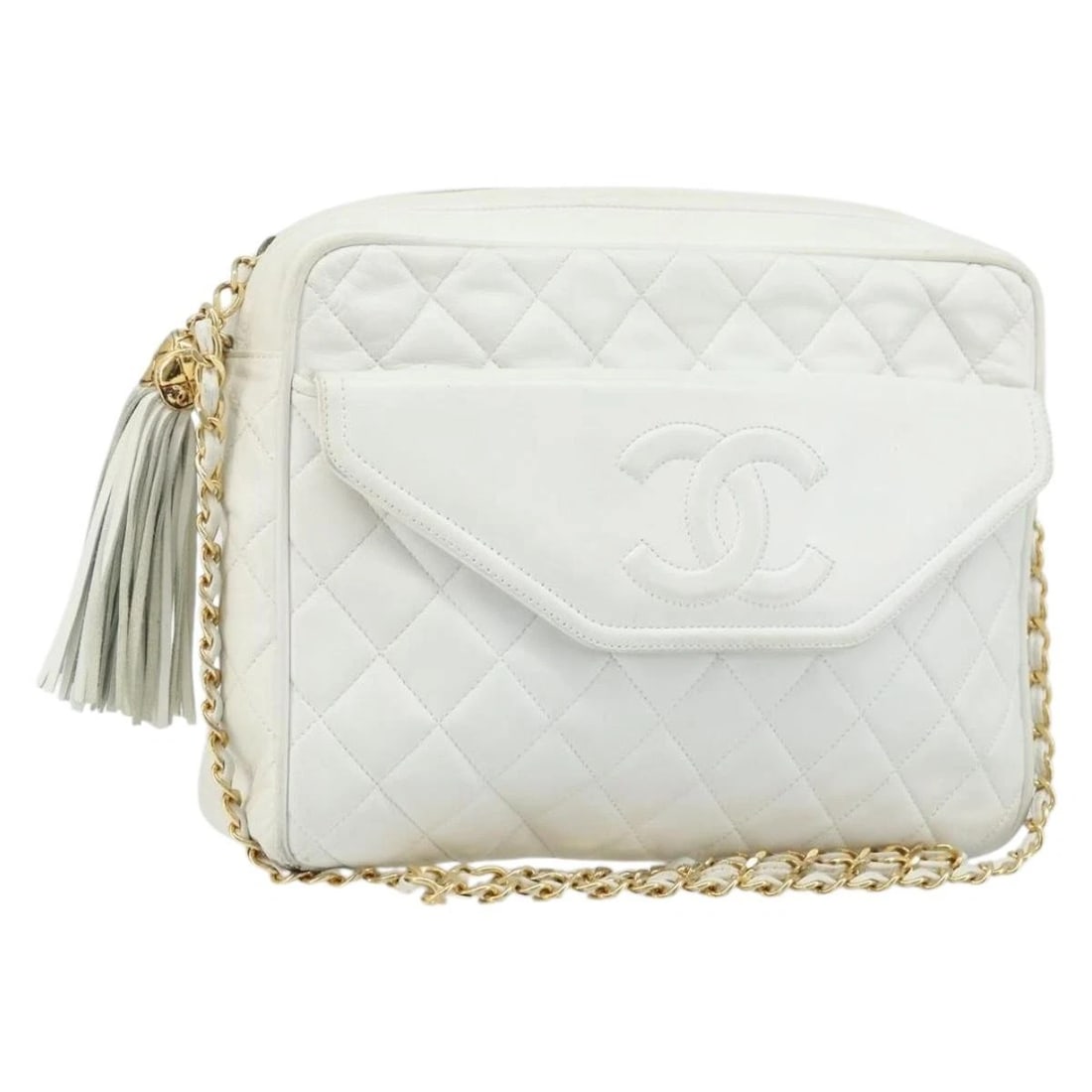 CHANEL MATELASSE SHOULDER BAG LAMB SKIN WHITE: CHANEL Matelasse Shoulder Bag Lamb Skin White Brand: CHANEL Type: Shoulder Bag Material: Lamb Skin Color: White/Gold Size: W10.6 x H7.5 x D2.8inch(Approx) Shoulder Drop:17.7inch(Approx) Accessori