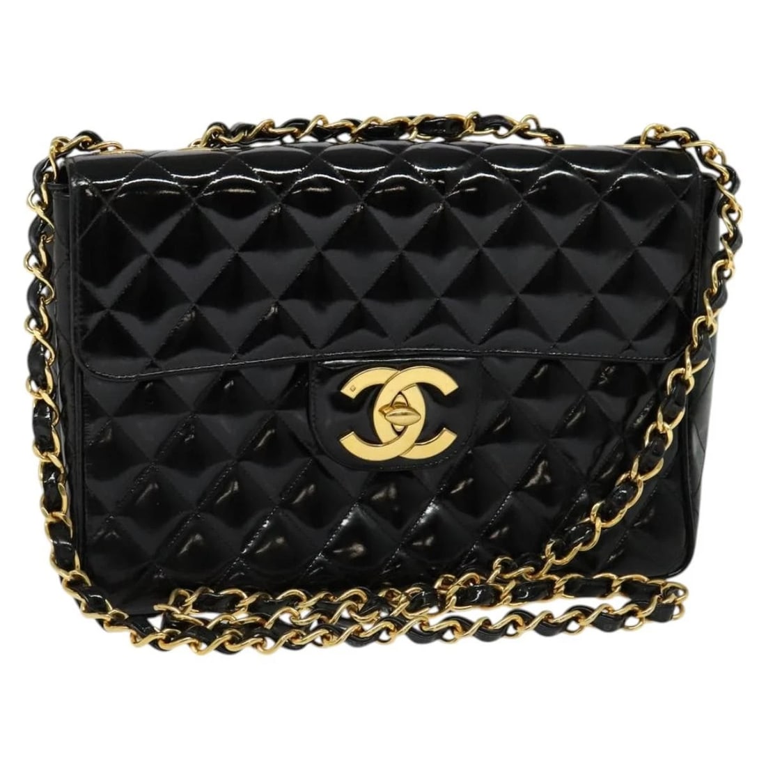 CHANEL BIG MATELASSE CHAIN SHOULDER BAG: CHANEL Big Matelasse Chain Shoulder Bag Brand: CHANEL Type: Shoulder Bag Material: Patent Leather Color: Black/Gold Size: W11.8 x H7.5 x D3.1inch(Approx) Shoulder Drop:14.2 - 25.6inch(Approx) Acc