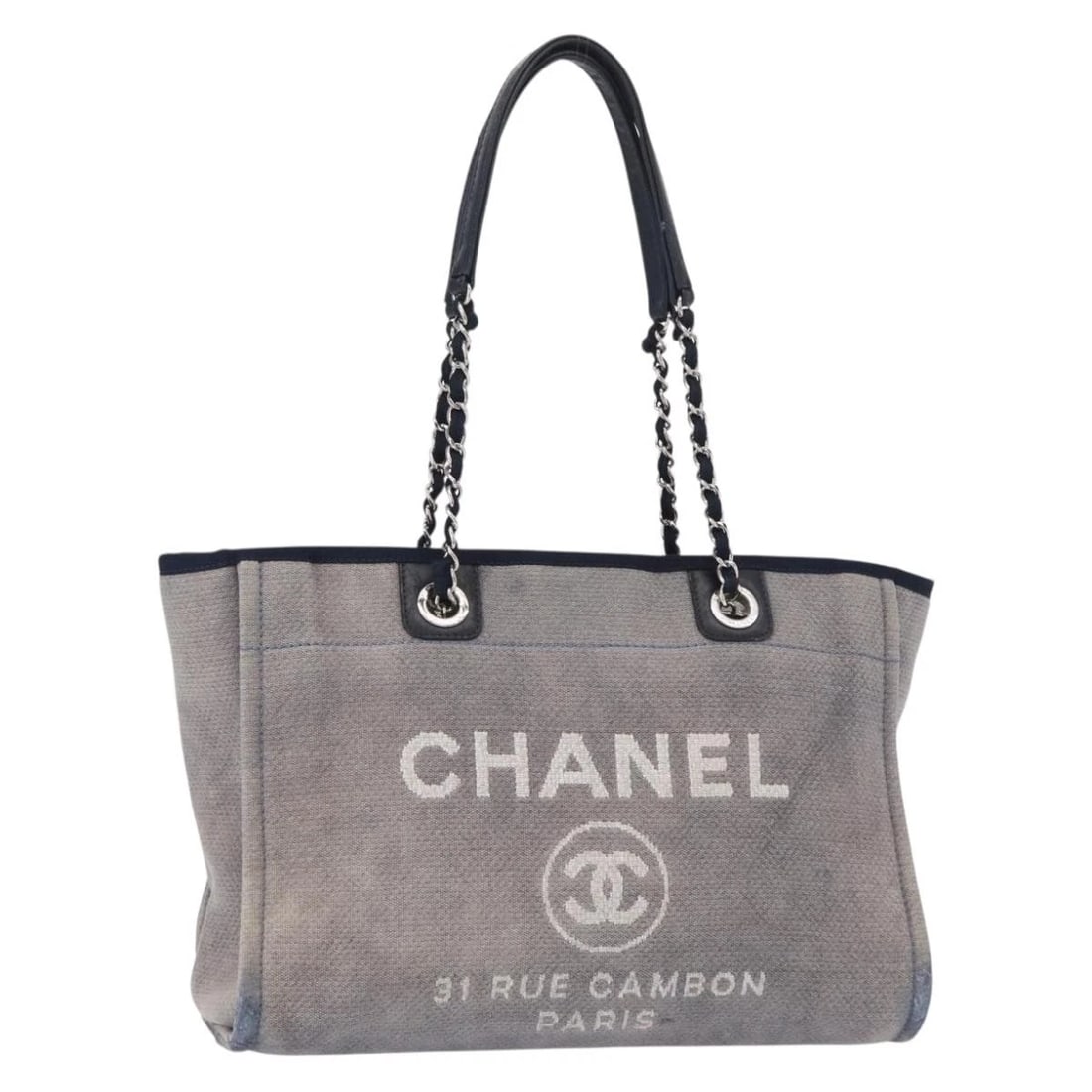 CHANEL DEAUVILLE LINE CHAIN TOTE BAG CANVAS: CHANEL Deauville line Chain Tote Bag Canvas Brand: CHANEL Type: Tote Bag Material: Canvas Color: Navy/Silver Size: W14.2 x H10.2 x D3.1inch(Approx) Handle Drop:10.6inch(Approx) Accessories: None