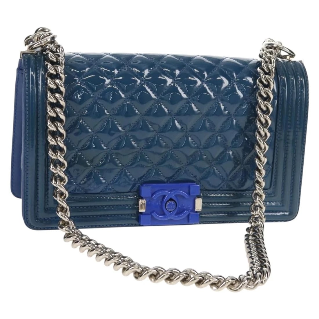 CHANEL CHAIN BOY CHANEL SHOULDER BAG: CHANEL Chain Boy Chanel Shoulder Bag Brand: CHANEL Type: Shoulder Bag Material: Patent Leather Color: Blue/Silver Size: W9.8 x H5.1 x D2.8inch(Approx) Shoulder Drop:20.5inch(Approx) Accessories: