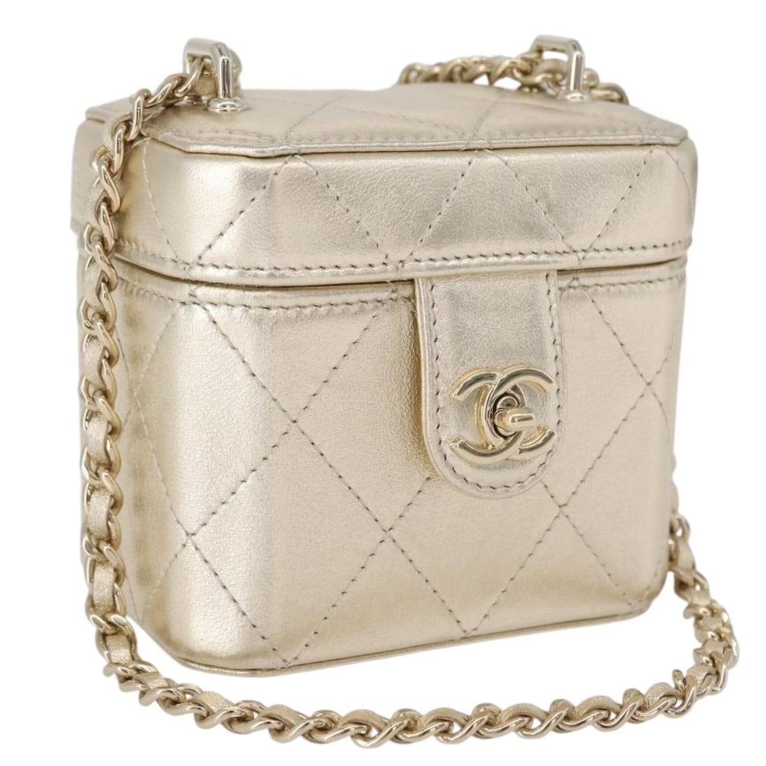 CHANEL MATELASSE VANITY CHAIN BAG LEATHER: CHANEL Matelasse Vanity Chain Bag Leather Brand: CHANEL Type: Shoulder Bag Material: Leather Color: Champagne Gold Size: W3.9 x H3.5 x D2.8inch(Approx) Shoulder Drop:11.8 - 22.4inch(Approx) Acces