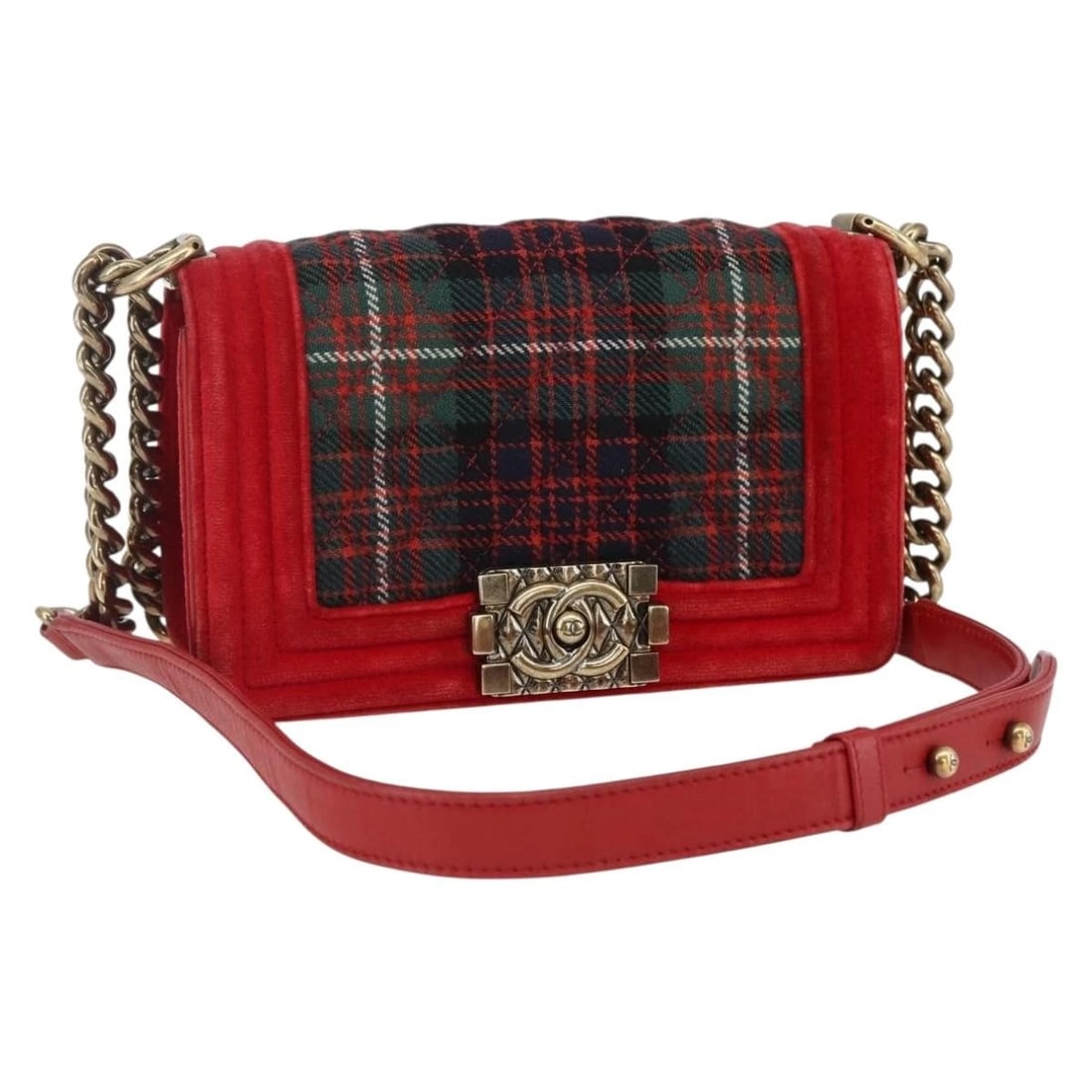 CHANEL BOY CHANEL CHAIN SHOULDER BAG: CHANEL Boy Chanel Chain Shoulder Bag Brand: CHANEL Type: Shoulder Bag Material: Velor Color: Red/Gold Size: W7.9 x H4.7 x D2.4inch(Approx) Shoulder Drop:11.8 - 20.5inch(Approx) Accessories: None