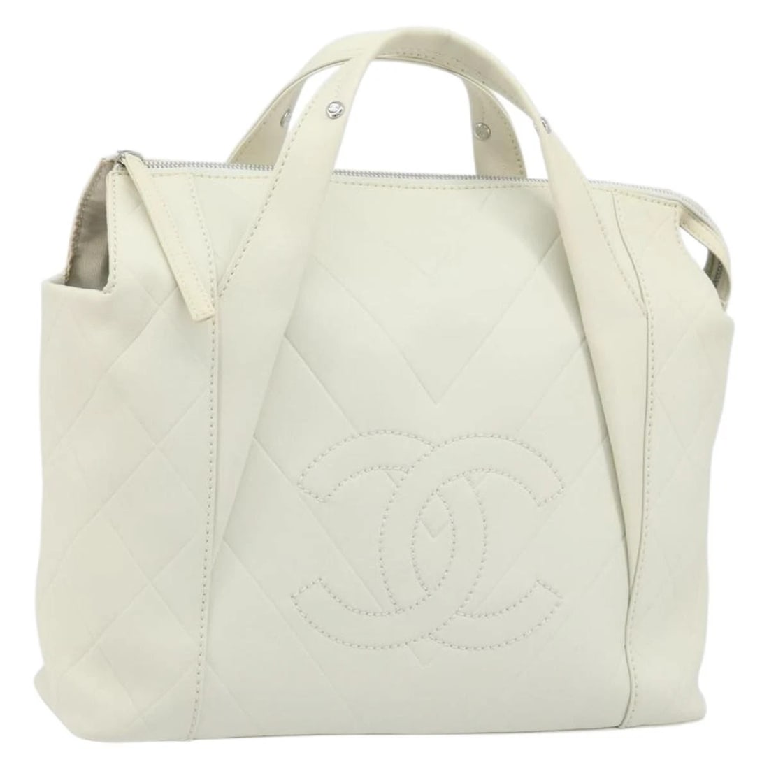 CHANEL HAND BAG LEATHER WHITE SILVER: CHANEL Hand Bag Leather White Silver Brand: CHANEL Type: Hand Bag Material: Leather Color: White/Silver Size: W12.2 x H11.0 x D4.3inch(Approx) Handle Drop:2.4inch(Approx) Accessories: None