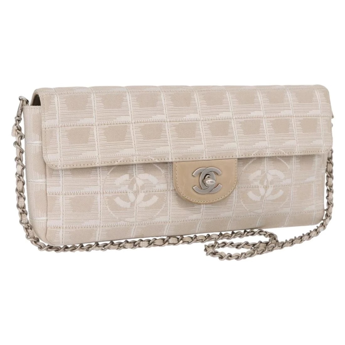 CHANEL NEW TRAVEL LINE CHAIN SHOULDER BAG: CHANEL New Travel line Chain Shoulder Bag Brand: CHANEL Type: Shoulder Bag Material: Nylon Color: Beige/Silver Size: W9.8 x H4.7 x D1.6inch(Approx) Shoulder Drop:12.6inch(Approx) Accessories: Non