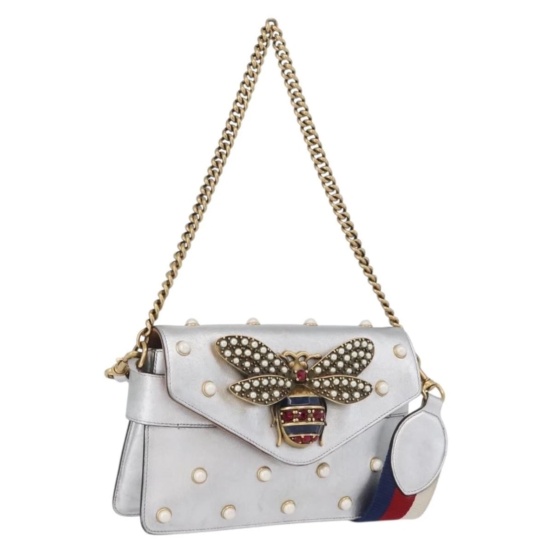GUCCI BAMBOO CHAIN BROADWAY SHOULDER BAG: GUCCI Bamboo Chain Broadway Shoulder Bag Brand: GUCCI Type: Shoulder Bag Material: Leather Color: Silver Size: W9.4 x H5.5 x D0.8inch(Approx) Shoulder Drop:9.8inch(Approx) Accessories: None