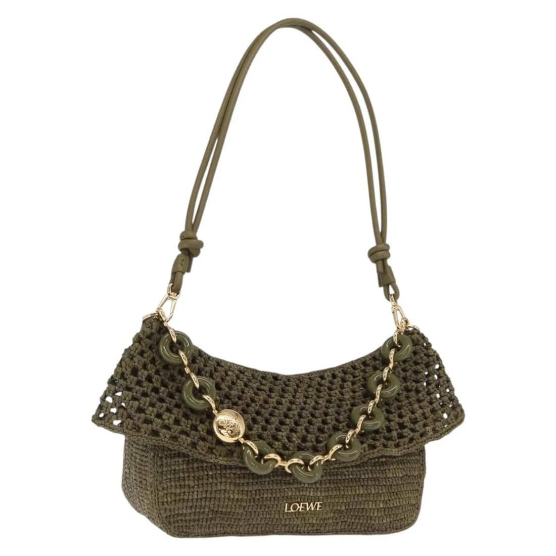 LOEWE ORA MEDIUM CHAIN SHOULDER BAG: LOEWE Ora Medium Chain Shoulder Bag Brand: LOEWE Type: Shoulder Bag Material: Pile Color: Khaki/Gold Size: W10.2 x H6.3 x D3.5inch(Approx) Shoulder Drop:12.6inch(Approx) Accessories: None