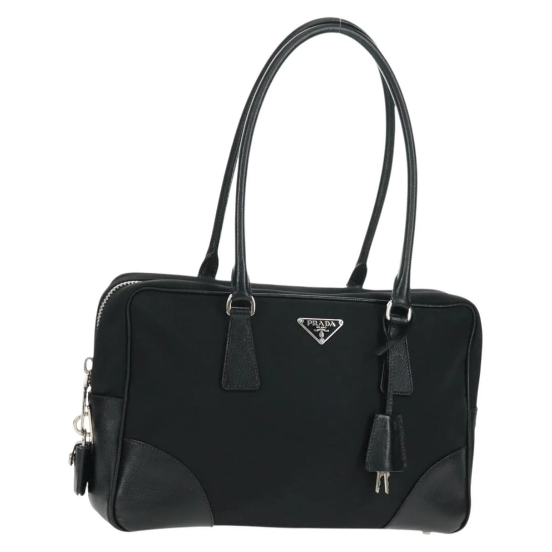 PRADA SHOULDER BAG NYLON LEATHER BLACK SILVER: PRADA Shoulder Bag Nylon Leather Black Silver Brand: PRADA Type: Shoulder Bag Material: Nylon Color: Black/Silver Size: W11.4 x H7.5 x D3.1inch(Approx) Shoulder Drop:8.3inch(Approx) Accessories: