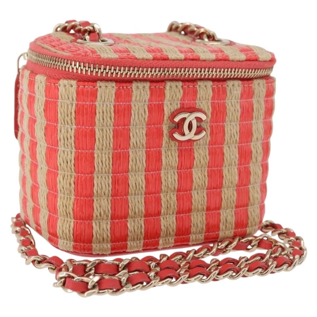 CHANEL COCO MARK MINI VANITY CHAIN SHOULDER BAG: CHANEL COCO Mark Mini Vanity Chain Shoulder Bag Brand: CHANEL Type: Shoulder Bag Material: Wood Color: Beige/Red/gold Size: W3.9 x H3.1 x D2.6inch(Approx) Shoulder Drop:22.4inch(Approx) Accessori