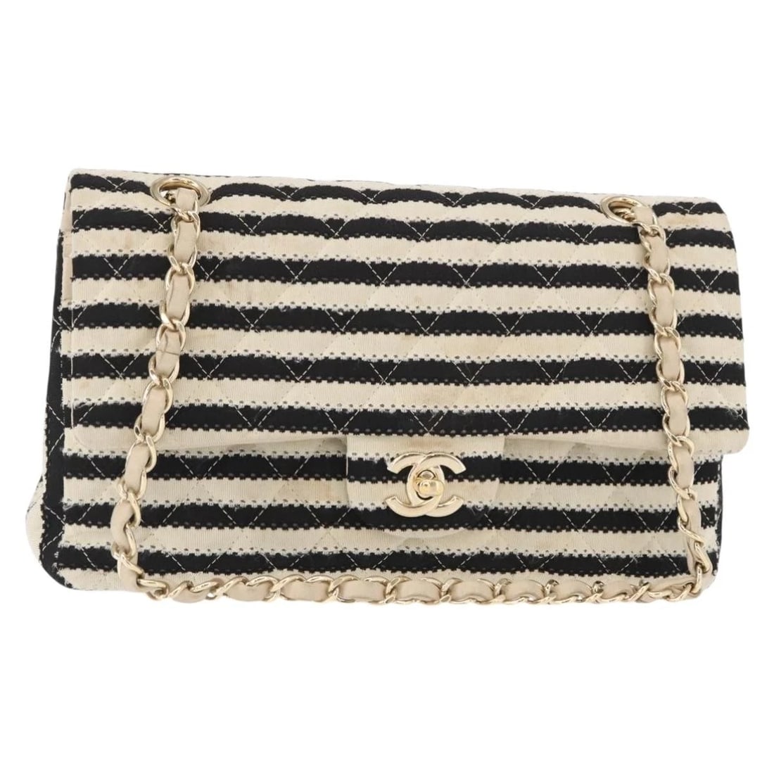 CHANEL MATELASSE CHAIN DOUBLE FLAP CHAIN BAG: CHANEL Matelasse Chain Double Flap Chain Bag Brand: CHANEL Type: Shoulder Bag Material: Leather Color: White/Black Size: W9.8 x H5.5 x D2.4inch(Approx) Shoulder Drop:11.8 - 21.7inch(Approx) Acces