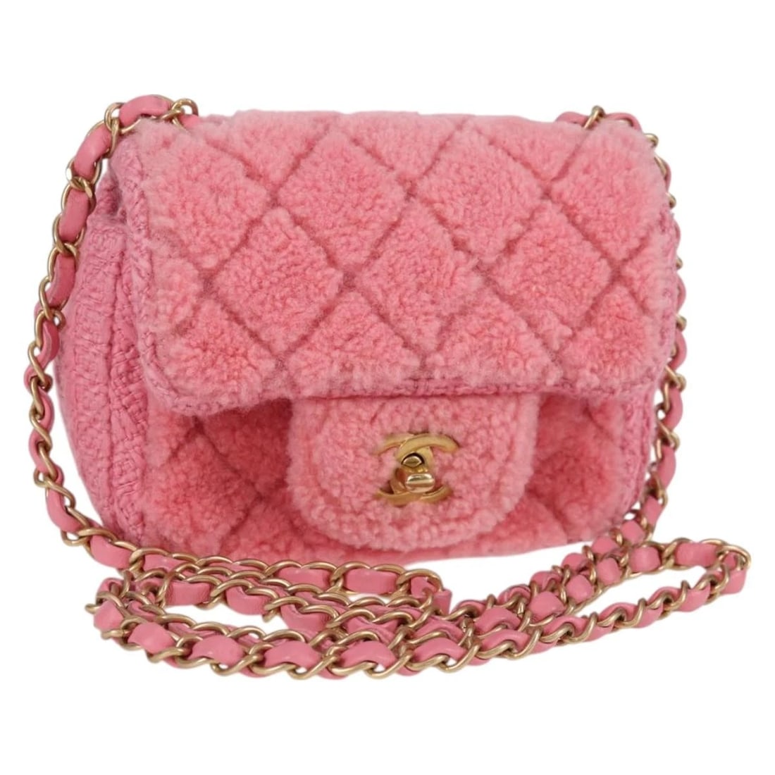 CHANEL MATELASSE CHAIN SHOULDER BAG WOOL PINK: CHANEL Matelasse Chain Shoulder Bag Wool Pink Brand: CHANEL Type: Shoulder Bag Material: Wool Color: Pink/Gold Size: W5.5 x H5.5 x D2.4inch(Approx) Shoulder Drop:23.6inch(Approx) Accessories: Non