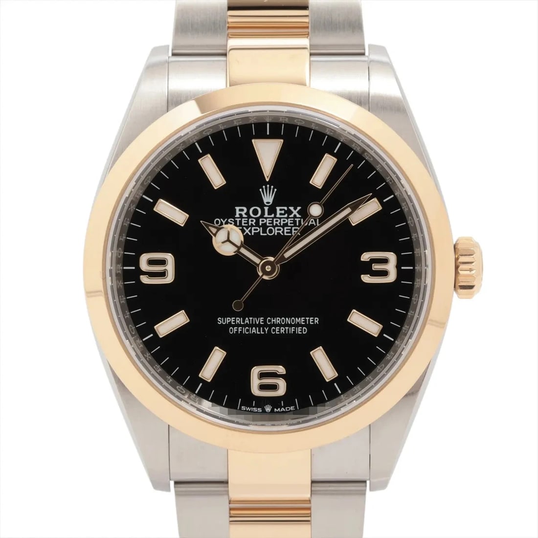 ROLEX EXPLORER SS×YGBLACK: Rolex EXPLORER SS×YGblack Brand: Rolex Type: Wristwatch Material: SS×YG Color: Dial Color Black Size: Case:W1.2 x H1.2inch / W36 x H36 Circumference of Wrist:7.3inch / 18.5 Accessories: None <
