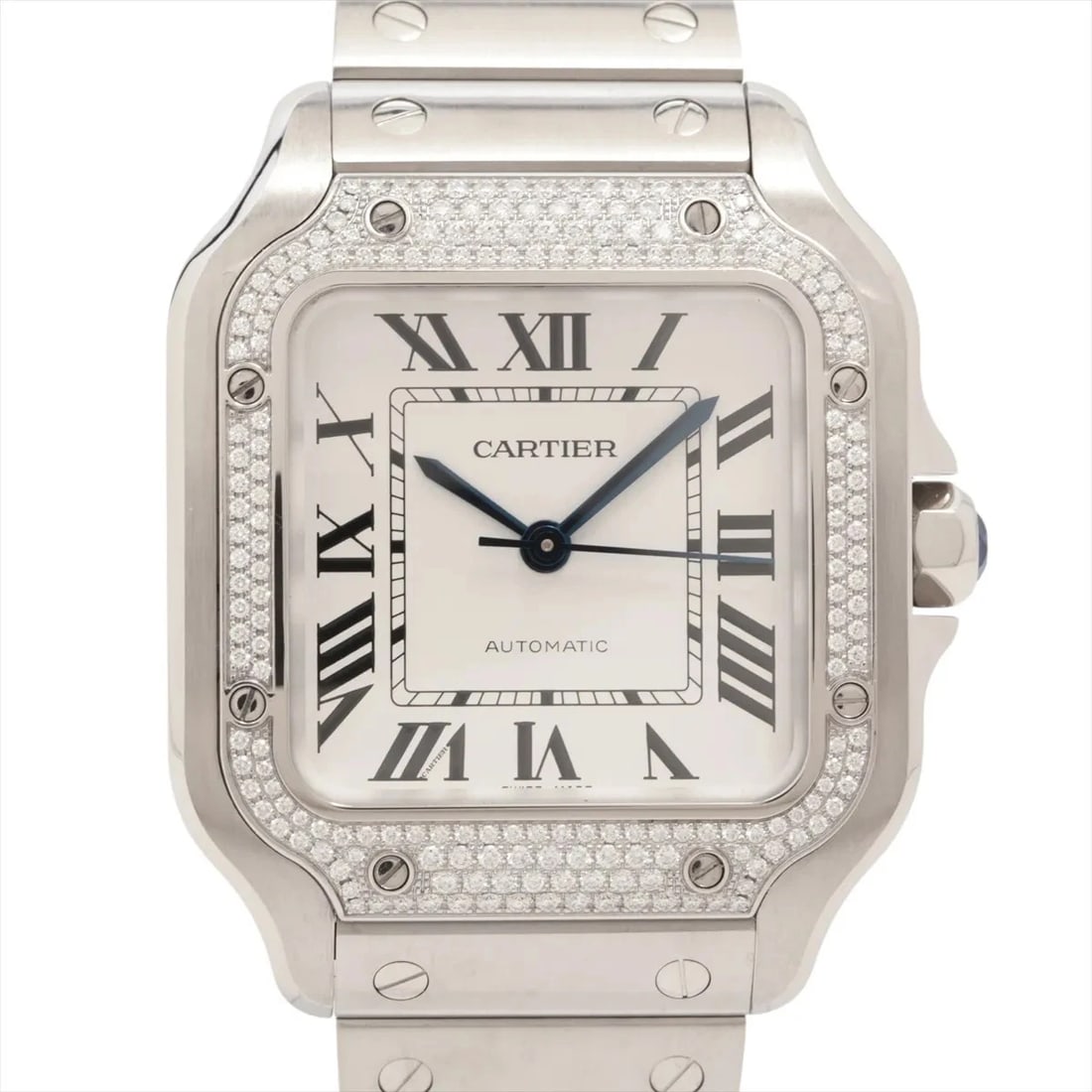 CARTIER SANTOS SS SILVER: Cartier Santos SS Silver Brand: Cartier Type: Wristwatch Material: SS Color: Dial Color Silver Size: Case:W1.2 x H1.2inch / W35.1 x H35.1 Circumference of Wrist:6.7inch / 17 Accessories: None