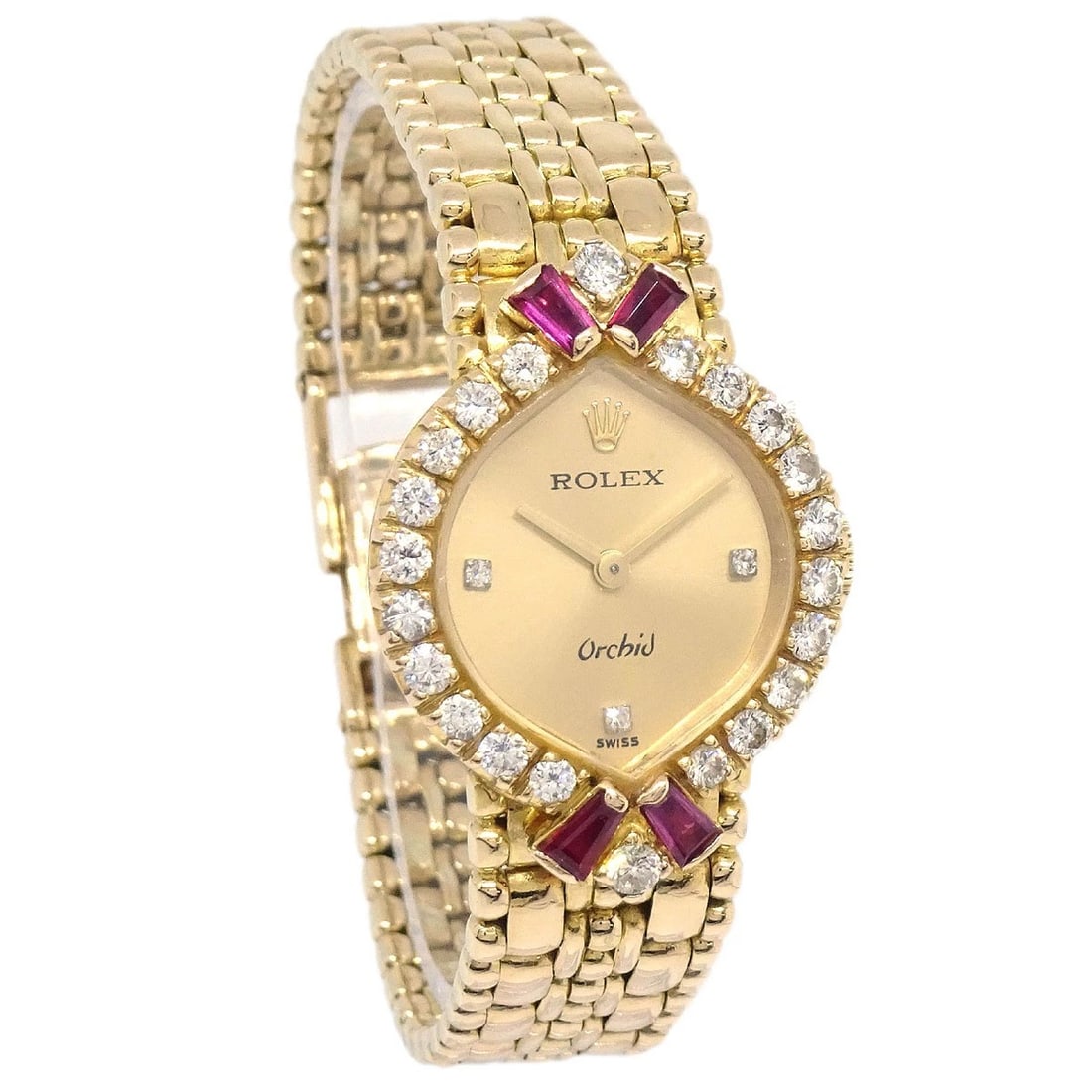 ROLEX ORCHID WATCH: Rolex Orchid Watch Brand: Rolex Type: Wristwatch Material: Band Material Yellow Gold, Case Material Yellow Gold Color: Band Color Gold, Dial Color Gold Case Color Gold Size: Case: W 22 x H 30 mm T