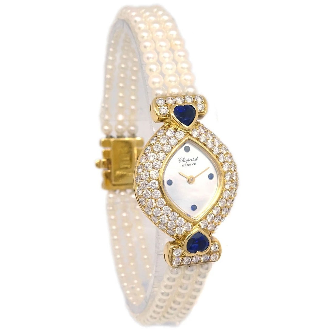 CHOPARD YG DIAMOND PEARL WATCH 18KYG: Chopard YG Diamond Pearl Watch 18KYG Brand: Chopard Type: Wristwatch Material: Band Material Pearl, Case Material 18KYG Color: Band Color White, Dial Color White Case Color Gold Size: Case: W 21 x