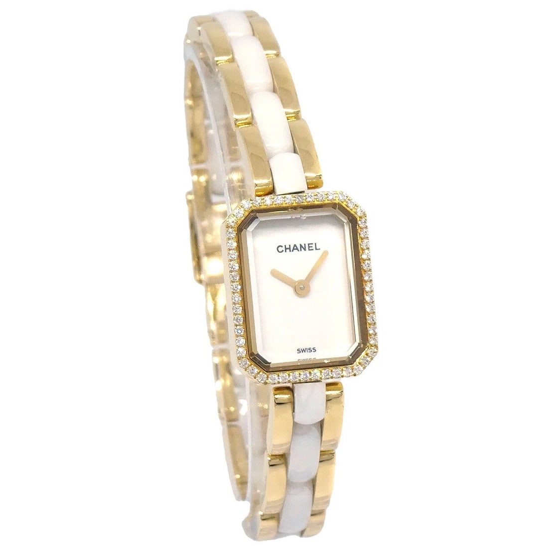 CHANEL WATCH CERAMIC 18KYG DIAMOND: Chanel Watch Ceramic 18KYG Diamond Brand: CHANEL Type: Wristwatch Material: Band Material Ceramic, Yellow Gold, Case Material Stainless Steel Color: Band Color Gold, White, Dial Color White Case Co