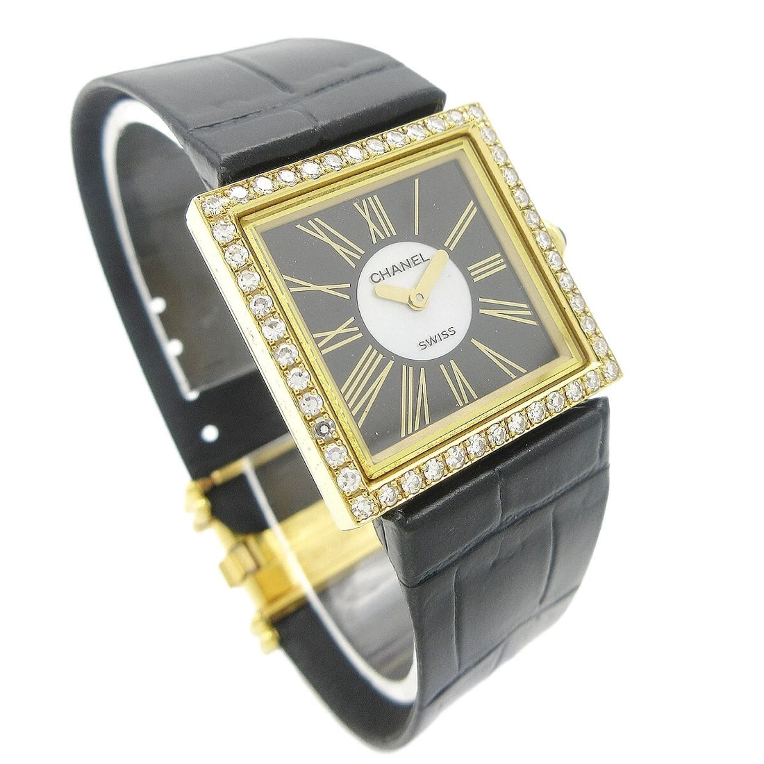 CHANEL WATCH 18KYG GOLD DIAMOND: Chanel Watch 18KYG Gold Diamond Brand: CHANEL Type: Wristwatch Material: Band Material Leather, Case Material K18 Color: Band Color Gold, Dial Color Black Case Color Gold Size: Case: W 22 x H 22 m