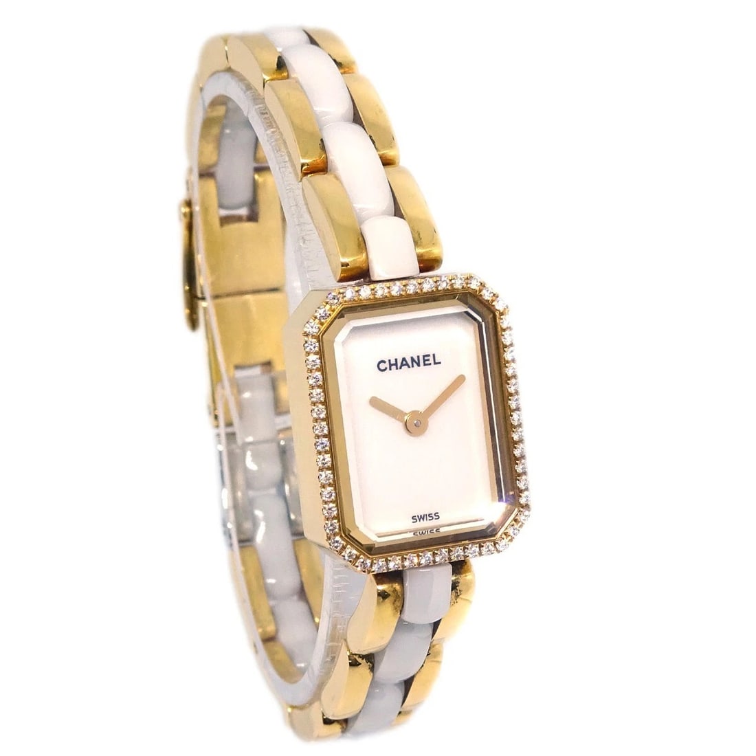 CHANEL PREMIERE WATCH CERAMIC 18KYG DIAMOND: Chanel Premiere Watch Ceramic 18KYG Diamond Brand: CHANEL Type: Watch Material: Band Material Ceramic, Stainless Steel, Case Material Stainless Steel Color: Band Color Gold, White, Dial Color White