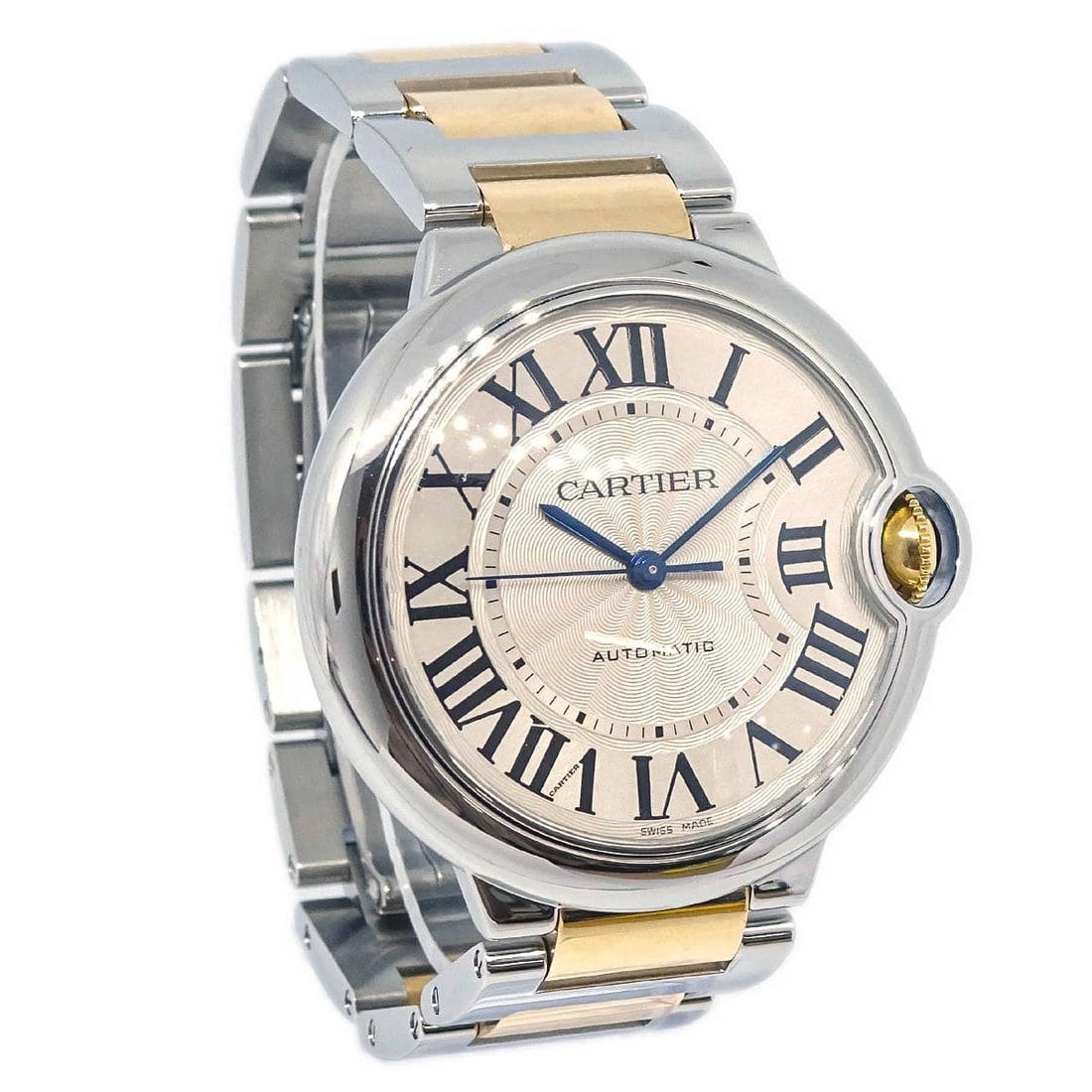 CARTIER BALLON BLEU WATCH 18KYG SS: Cartier Ballon Bleu Watch 18KYG SS Brand: Cartier Type: Wristwatch Material: Band Material Stainless Steel, 18KYG, Case Material Stainless Steel Color: Band Color Gold, Silver, Dial Color Gold Case