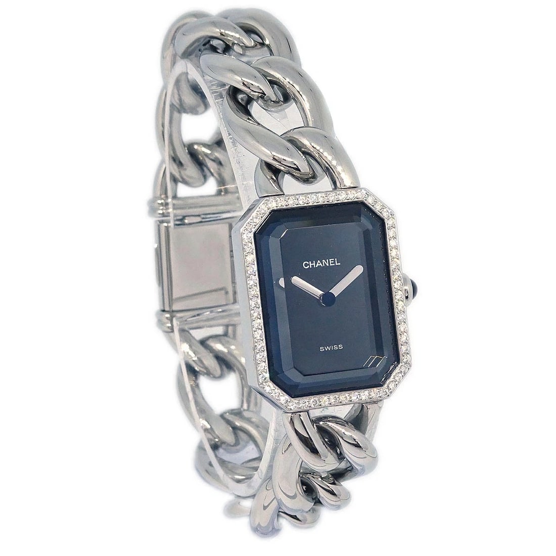 CHANEL PREMIERE WATCH SS DIAMOND: Chanel Premiere Watch SS Diamond Brand: CHANEL Type: Wristwatch Material: Band Material Stainless Steel, Case Material Stainless Steel Color: Band Color Silver, Dial Color Black Case Color Silver