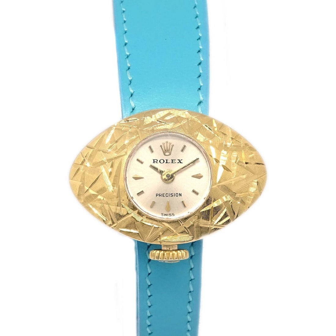 ROLEX WATCH 18KYG: Rolex Watch 18KYG Brand: Rolex Type: Wristwatch Material: Band Material Leather, Case Material 18KYG Color: Band Color Light Blue, Dial Color Gold Case Color Gold Size: Case: W 25 x H 17 mm Total