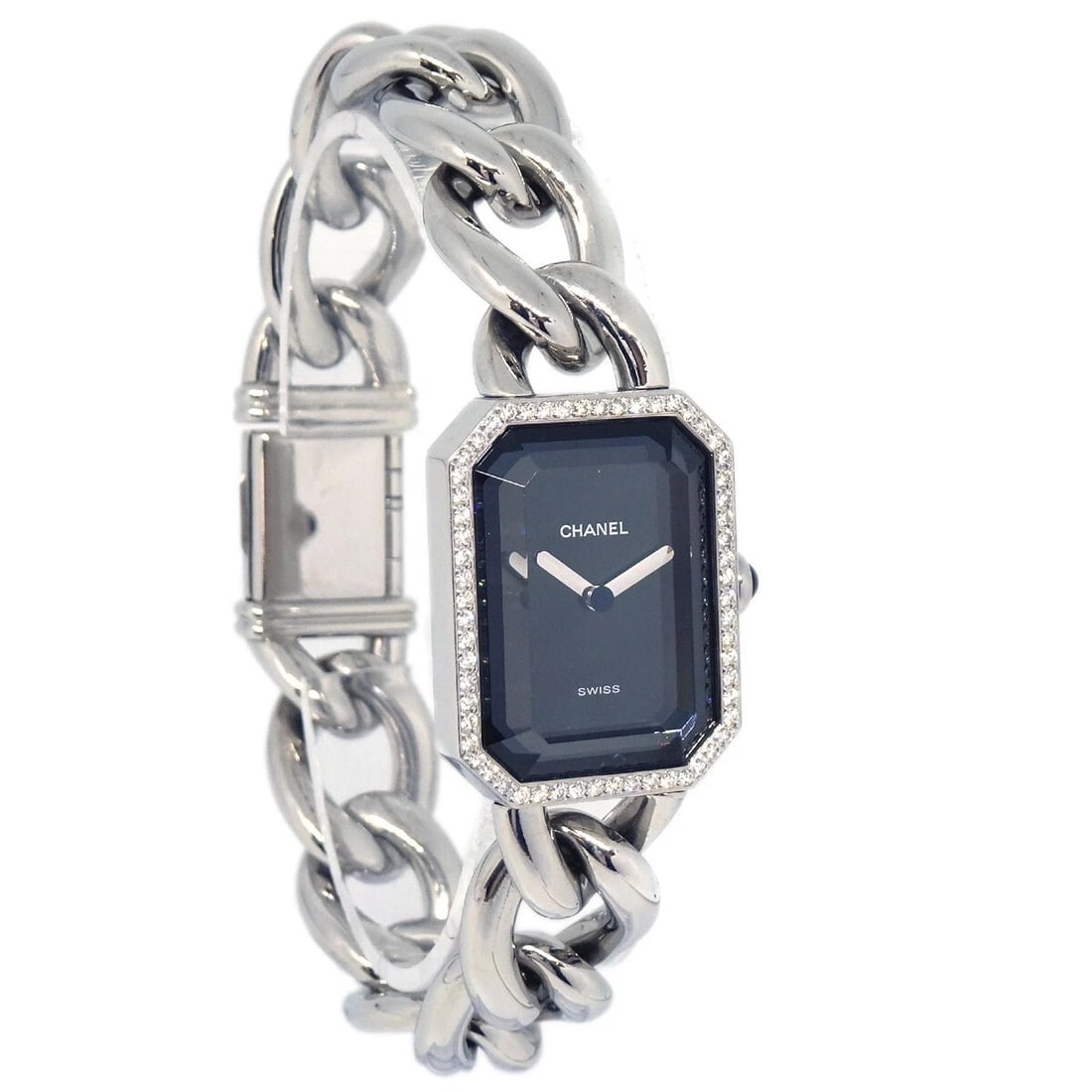 CHANEL PREMIERE WATCH SS DIAMOND: Chanel Premiere Watch SS Diamond Brand: CHANEL Type: Wristwatch Material: Band Material Stainless Steel, Case Material Stainless Steel Color: Band Color Silver, Dial Color Black Case Color Silver