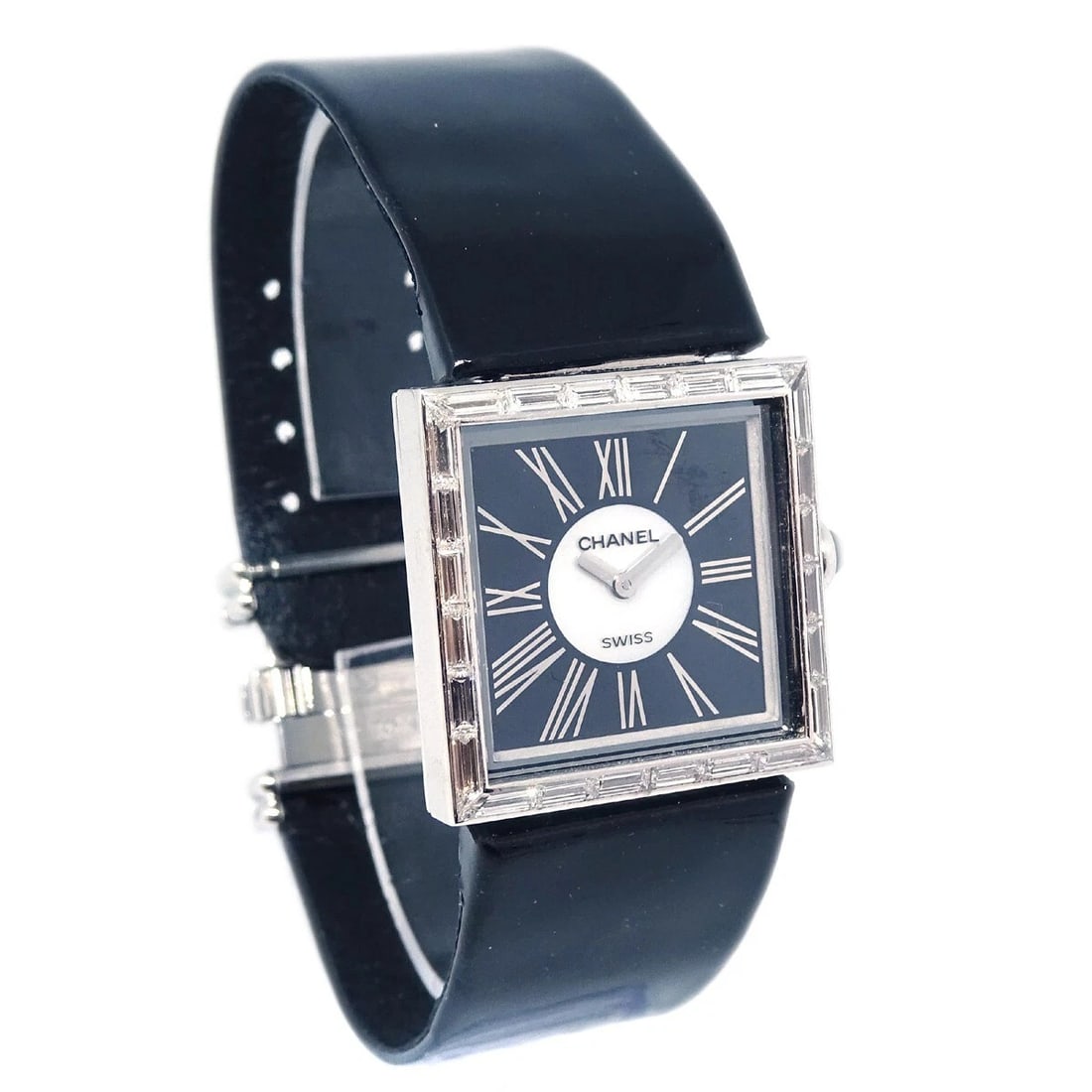 CHANEL WATCH DIAMOND 18KWG: Chanel Watch Diamond 18KWG Brand: CHANEL Type: Wristwatch Material: Band Material Leather, Case Material 18KWG Color: Band Color Black, Dial Color Black Case Color Silver Size: Case: W 22 x H 22 m