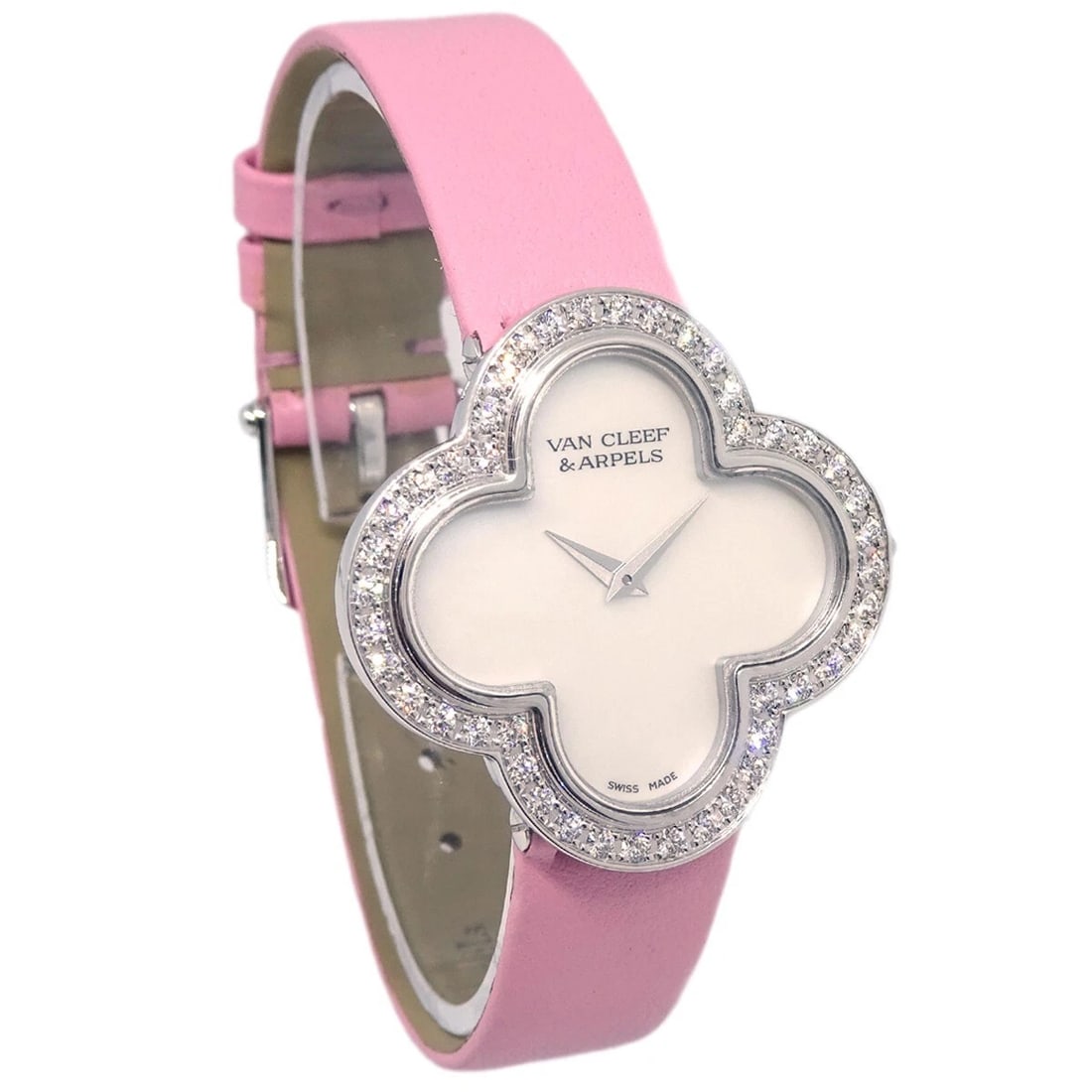 VAN CLEEF & ARPELS WATCH 18KWG DIAMOND PINK: Van Cleef & Arpels Watch 18KWG Diamond Pink Brand: Van Cleef & Arpels Type: Wristwatch Material: Band Material Leather, Case Material 18KWG Color: Band Color Pink, Dial Color White Case Color Silve