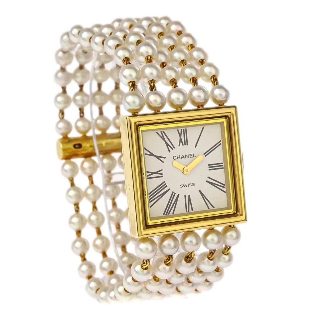 CHANEL WATCH PEARL 18KYG: Chanel Watch Pearl 18KYG Brand: CHANEL Type: Wristwatch Material: Band Material Pearl, Case Material 18K Color: Band Color Gold, White, Dial Color White Case Color Gold Size: Case: W 22 x H 22 mm