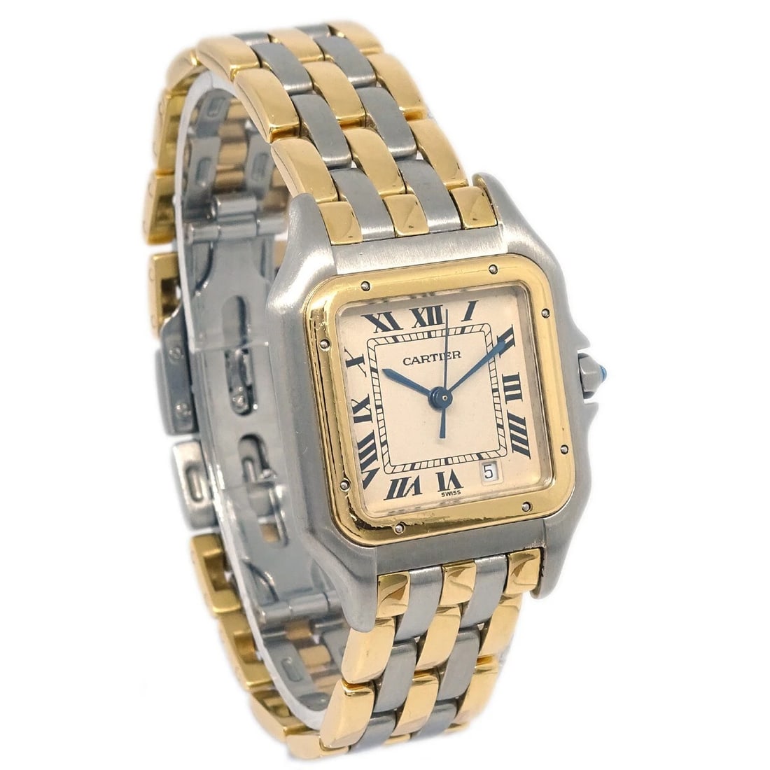CARTIER PANTHERE WATCH SS 18KYG: Cartier Panthere Watch SS 18KYG Brand: Cartier Type: Wristwatch Material: Band Material Stainless Steel, 18KYG, Case Material Stainless Steel, 18KYG Color: Band Color Silver, Gold, Dial Color Beige