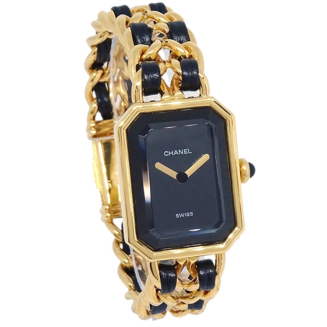 CHANEL PREMIERE WATCH GOLD: Chanel Premiere Watch Gold Brand: CHANEL Type: Wristwatch Material: Band Material Gold Plated, Leather, Case Material Gold Plated Color: Band Color Black, Gold, Dial Color Black, Gold Case Color Bl