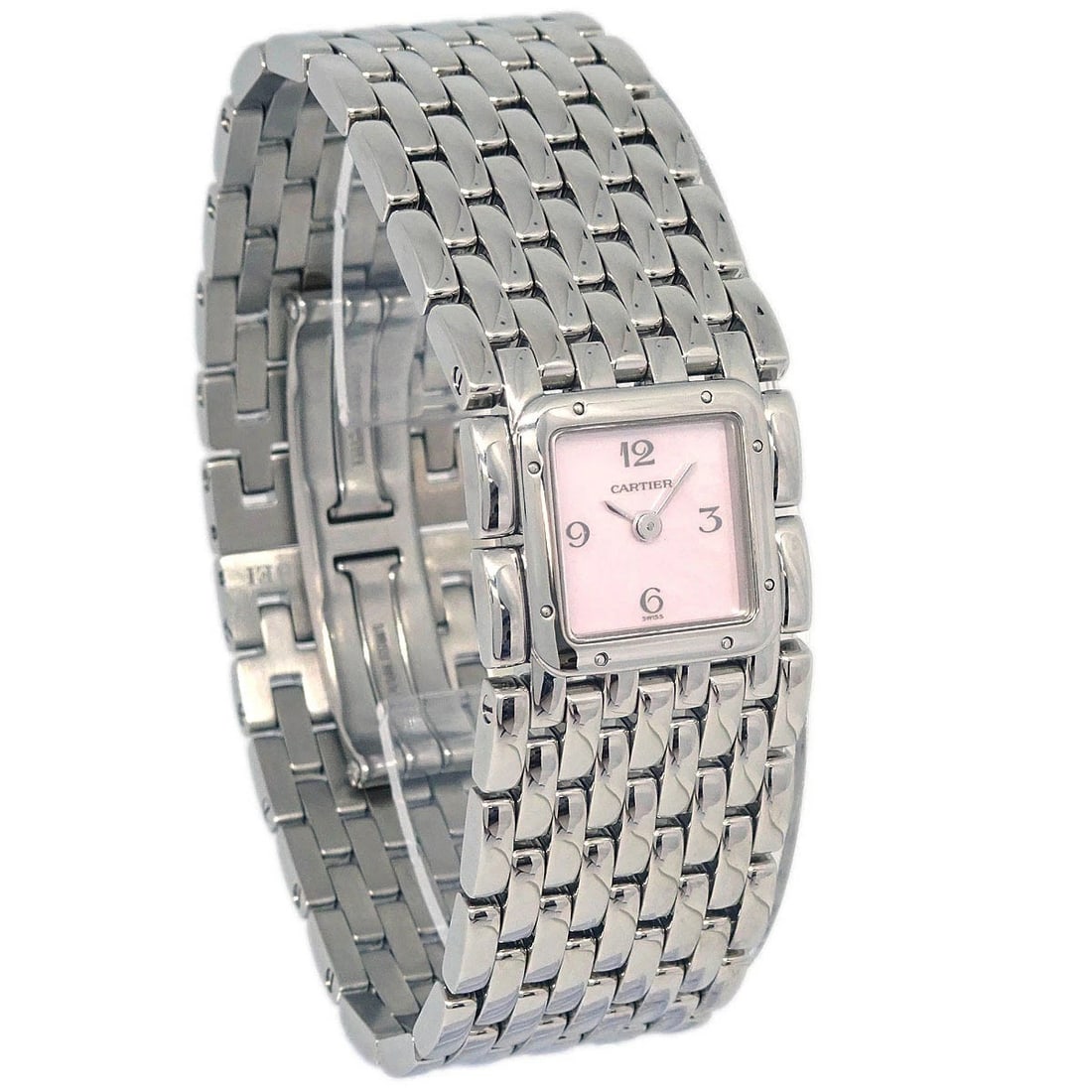 CARTIER WATCH SS: Cartier Watch SS Brand: Cartier Type: Wristwatch Material: Band Material Stainless Steel, Case Material Stainless Steel Color: Band Color Silver, Dial Color Pink Case Color Silver Size: Case: W 22