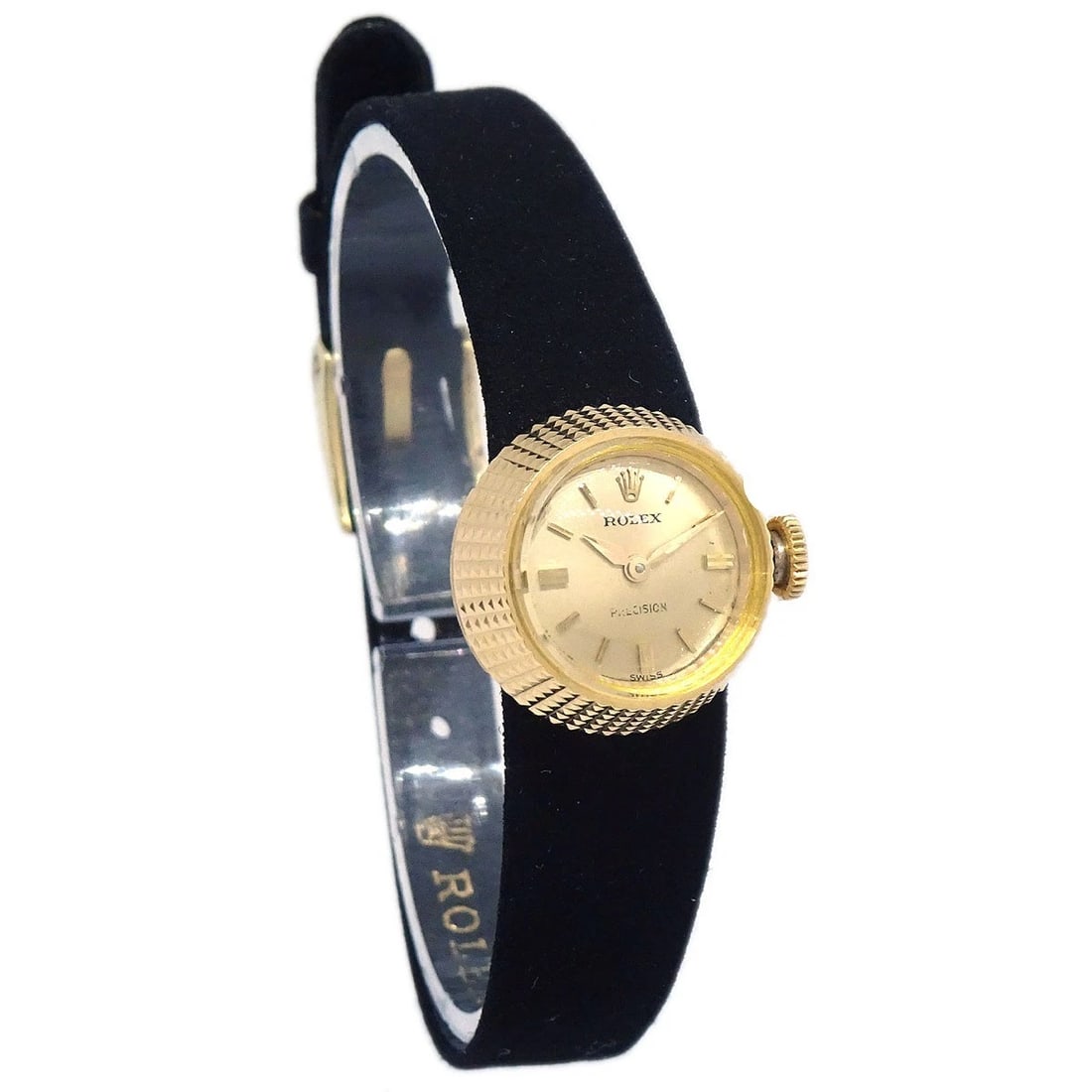 ROLEX WATCH LEATHER: Rolex Watch Leather Brand: Rolex Type: Wristwatch Material: Band Material Leather, Case Material Yellow Gold Color: Band Color Black, Dial Color Gold Case Color Gold Size: Case: Diameter. 16 mm To