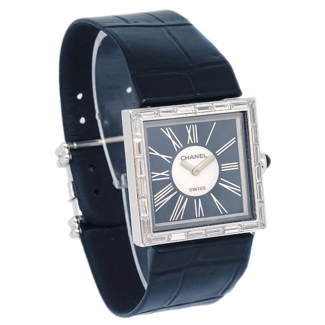 CHANEL WATCH 18KWG: Chanel Watch 18KWG Brand: CHANEL Type: Wristwatch Material: Band Material Leather, Case Material White Gold Color: Band Color Black, Dial Color Black Case Color Silver Size: Case: W 22 x H 22 mm T