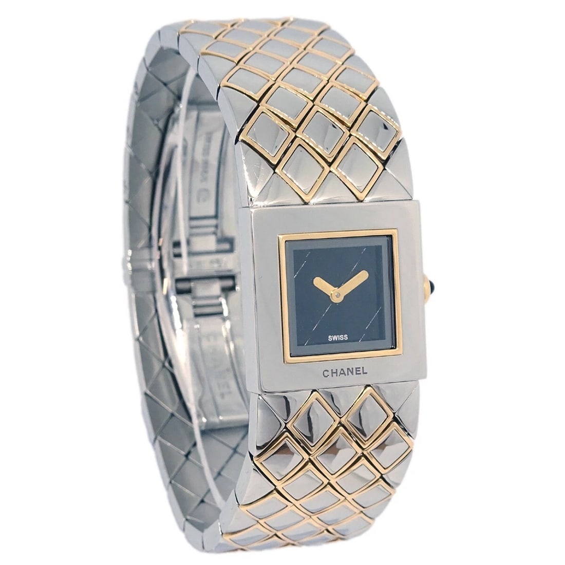 CHANEL QUARTZ WATCH SS 18KYG: Chanel Quartz Watch SS 18KYG Brand: CHANEL Type: Wristwatch Material: Band Material Stainless Steel, 18KYG, Case Material Stainless Steel, 18KYG Color: Band Color Silver, Gold, Dial Color Black Cas