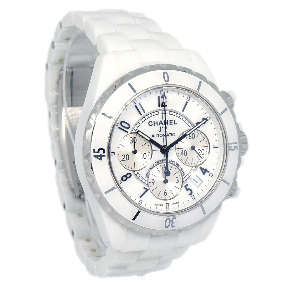 CHANEL J12 CHRONOGRAPH WATCH CERAMIC SS: Chanel J12 Chronograph Watch Ceramic SS Brand: CHANEL Type: Wristwatch Material: Band Material Ceramic, Case Material Ceramic Color: Band Color White, Dial Color White Case Color White Size: Case: