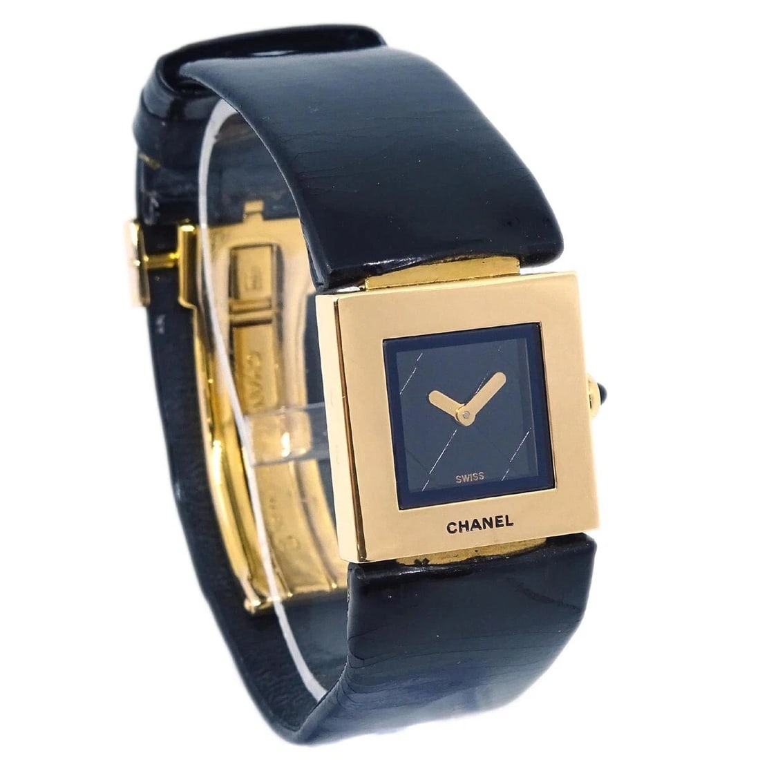 CHANEL WATCH 18KYG BLACK: Chanel Watch 18KYG Black Brand: CHANEL Type: Wristwatch Material: Band Material Patent Leather, Case Material 18KYG Color: Band Color Black, Dial Color Black Case Color Gold Size: Case: W 19 x H 1