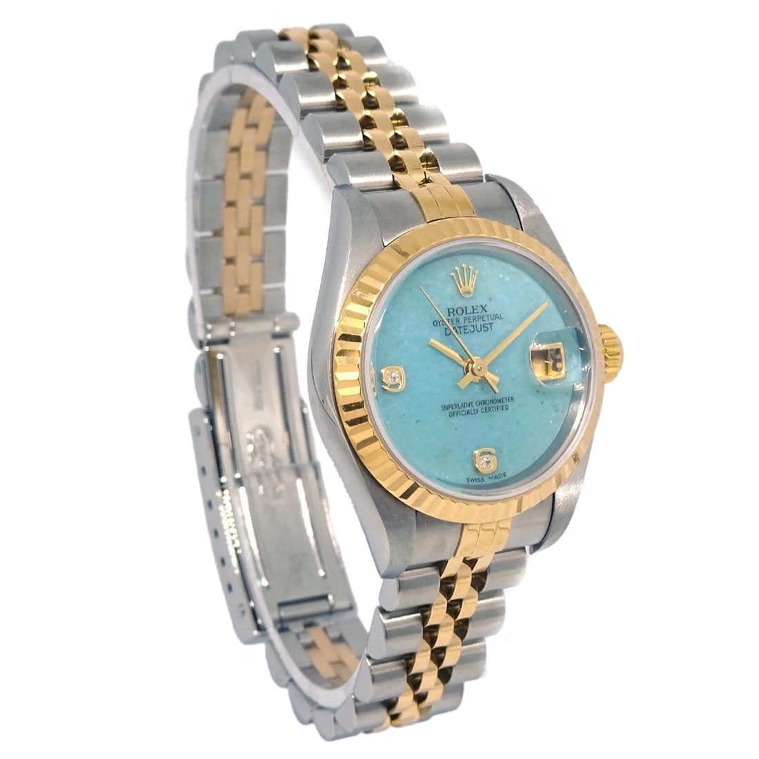 ROLEX OYSTER PERPETUAL WATCH: Rolex Oyster Perpetual Watch Brand: Rolex Type: Wristwatch Material: Band Material Stainless Steel, 18KYG, Case Material Stainless Steel, 18KYG Color: Band Color Gold, Silver, Dial Color Light Blue