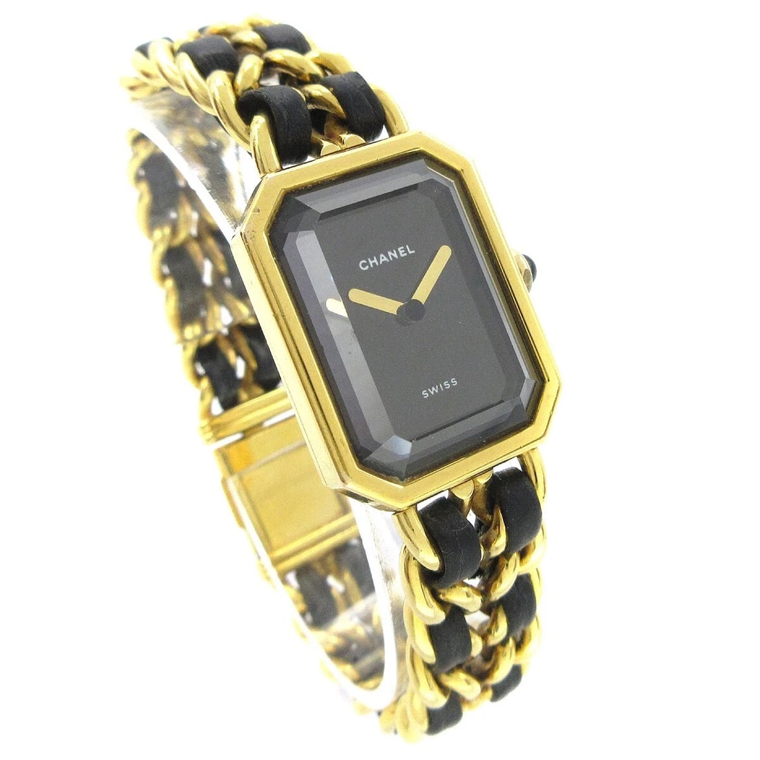 CHANEL WATCH GOLD PLATED, LEATHER: Chanel Watch Gold Plated, Leather Brand: CHANEL Type: Wristwatch Material: Band Material Gold Plated, Leather, Case Material Gold Plated Color: Band Color Black, Gold, Dial Color Black, Gold