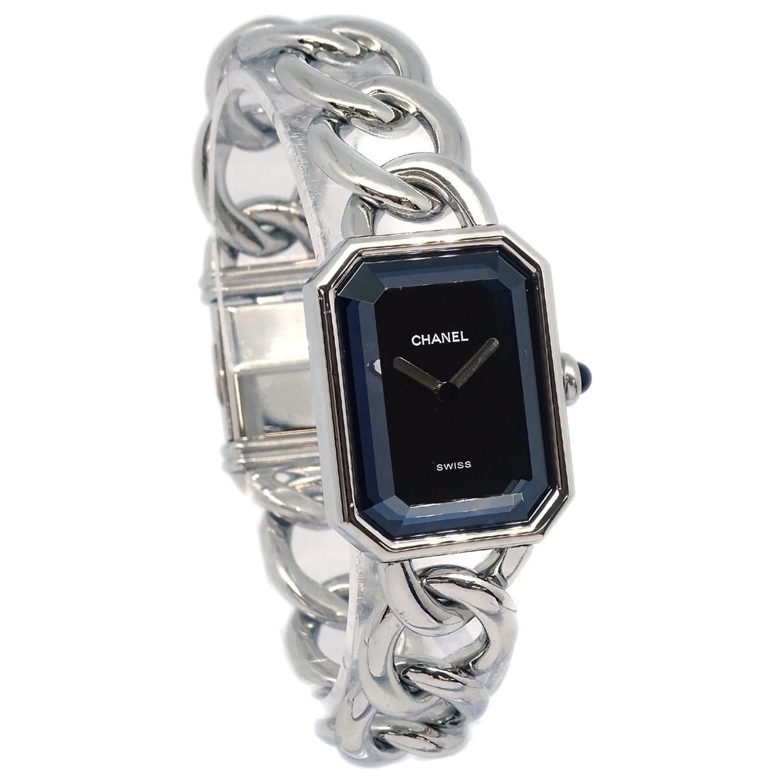 CHANEL WATCH STAINLESS STEEL: Chanel Watch Stainless Steel Brand: CHANEL Type: Wristwatch Material: Band Material Stainless Steel, Case Material Stainless Steel Color: Band Color Silver, Dial Color Black Case Color Silver Size