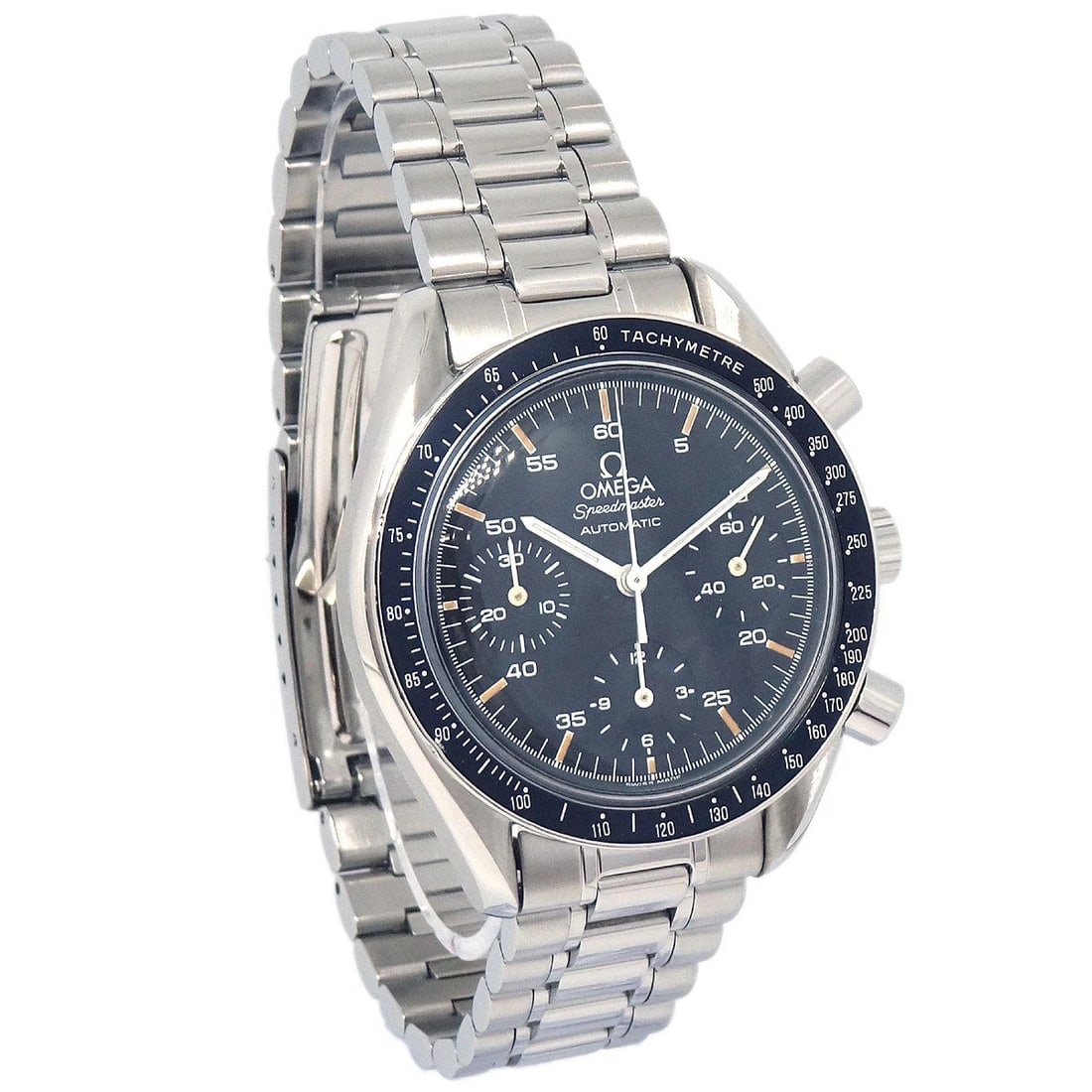 OMEGA SPEEDMASTER WATCH SS: Omega Speedmaster Watch SS Brand: OMEGA Type: Wristwatch Material: Band Material Stainless Steel, Case Material Stainless Steel Color: Band Color Silver, Dial Color Black Case Color Silver 