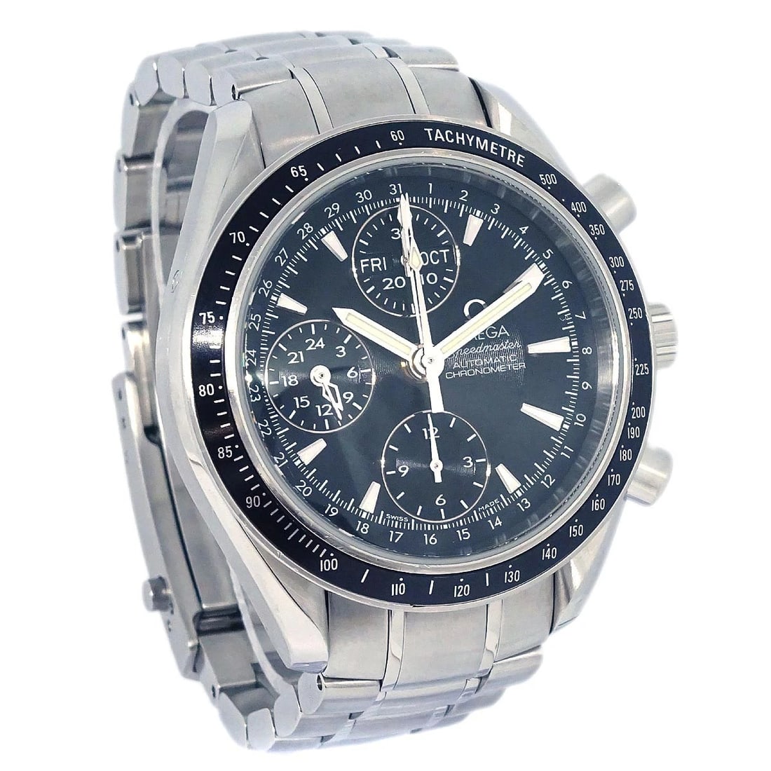 OMEGA SPEEDMASTER WATCH SS: Omega Speedmaster Watch SS Brand: OMEGA Type: Wristwatch Material: Band Material Stainless Steel, Case Material Stainless Steel Color: Band Color Silver, Dial Color Black Case Color Silver 