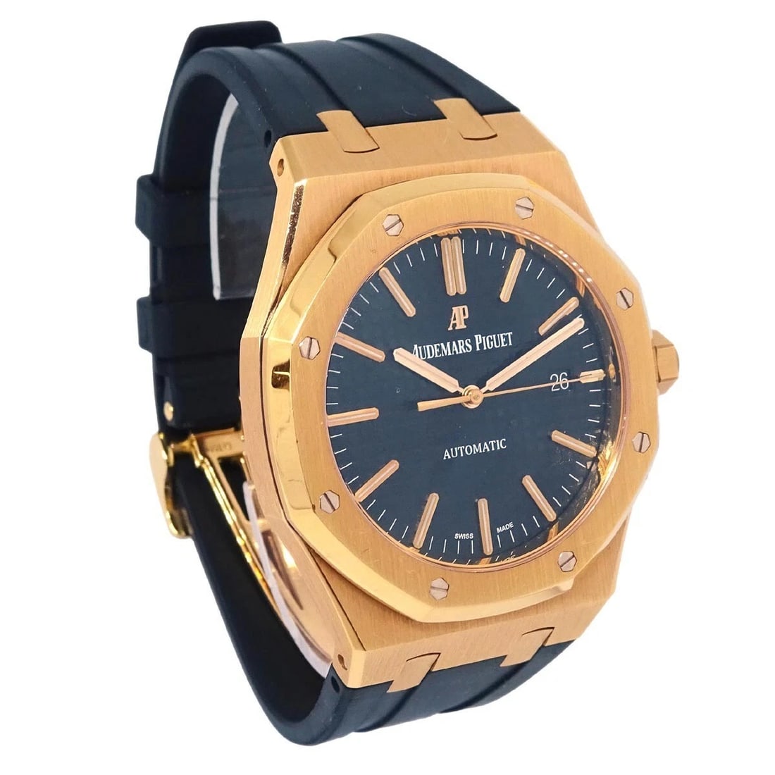 AUDEMARS PIGUET ROYAL OAK WATCH 18KPG: Audemars Piguet royal Oak Watch 18KPG Brand: Audemars Piguet Type: Wristwatch Material: Band Material Rubber, Case Material 18KPG Color: Band Color Black, Dial Color Gold Case Color Gold Size: