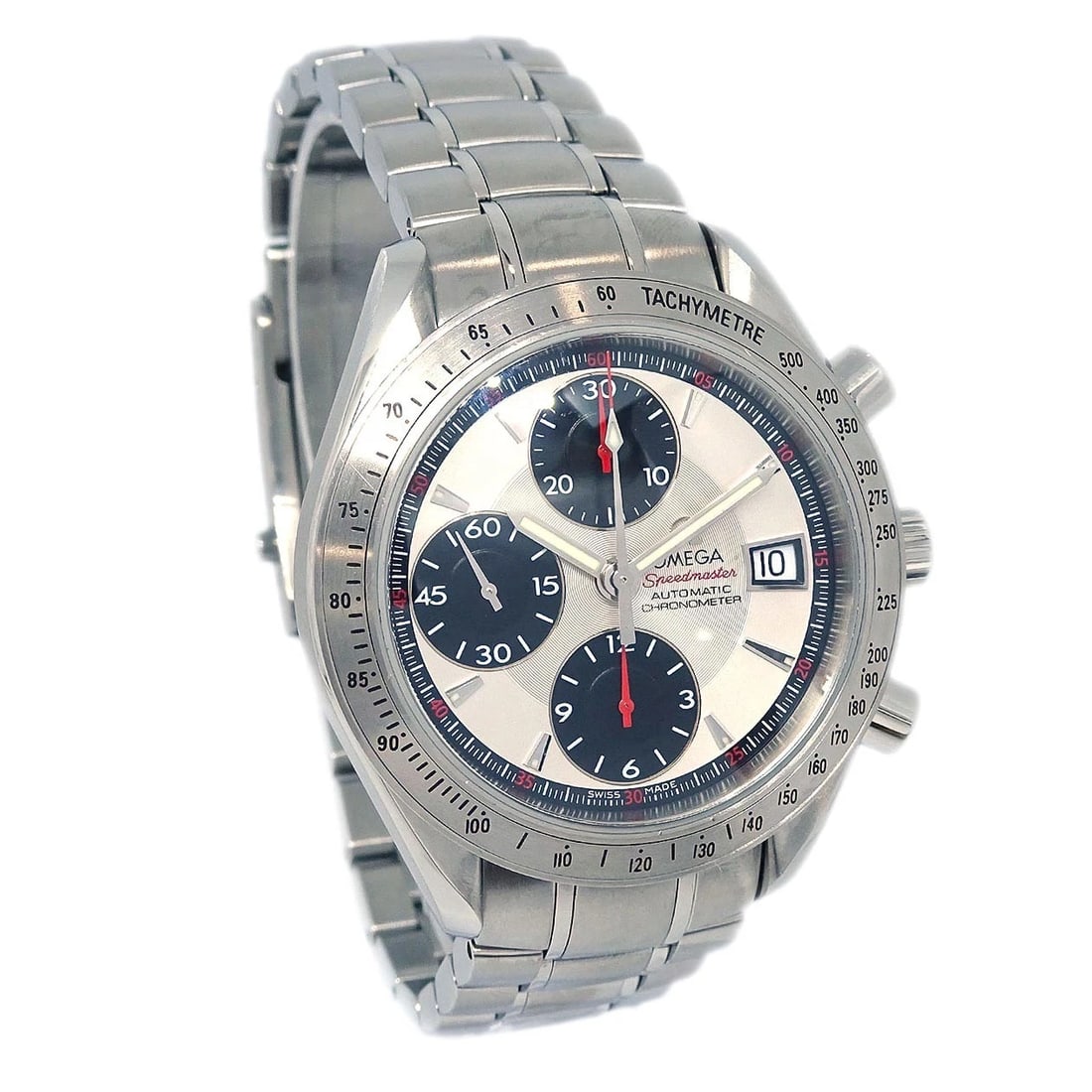 OMEGA SPEEDMASTER WATCH SS: Omega Speedmaster Watch SS Brand: OMEGA Type: Wristwatch Material: Band Material Stainless Steel, Case Material Stainless Steel Color: Band Color Silver, Dial Color Black, White Case Color