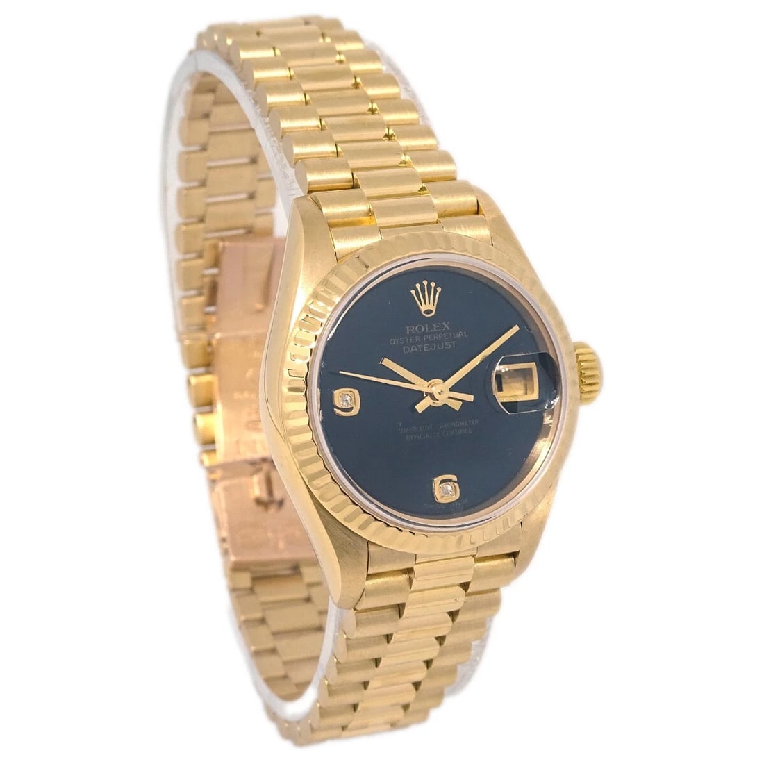 ROLEX OYSTER PERPETUAL WATCH 18KYG: Rolex Oyster Perpetual Watch 18KYG Brand: Rolex Type: Wristwatch Material: Band Material 18KYG, Case Material 18KYG Color: Band Color Gold, Dial Color Black Case Color Gold Size: Case: Diameter 26